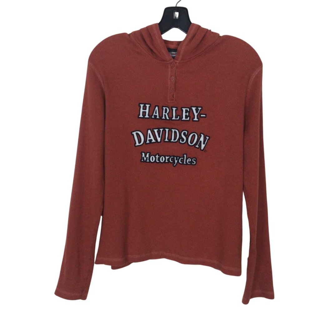 Harley Davidson Shirt Women’s XL Extra Large Hooded Waffle Knit Top Cropped